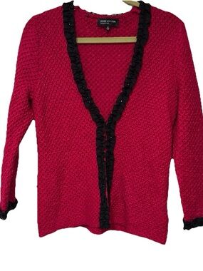 Jones New York Collection Sweater Medium Fuchsia Black Lace Trim Cardigan Knit